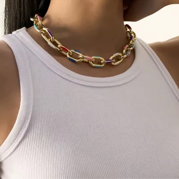 Cuban Color Block Chain Gold Link Necklace - Picture 3 of 8